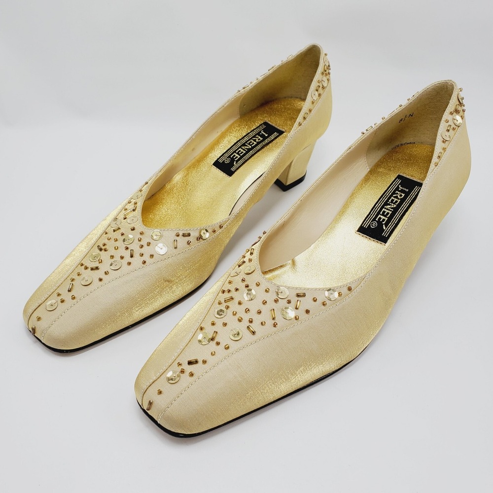 J Renee Joy Pumps Womens Sz 8.5 N Narrow Fabric Beads Uppers Sequins Champagne
